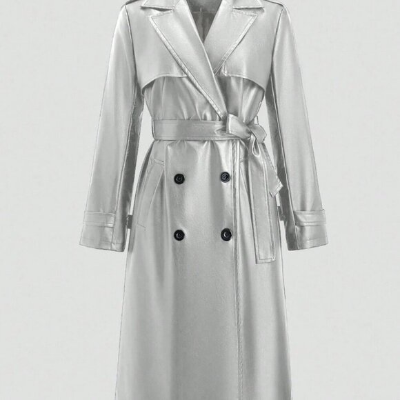 Silver Elegant Women's Long Sleeve Double-Breasted Trench Coat - Picture 2 of 11